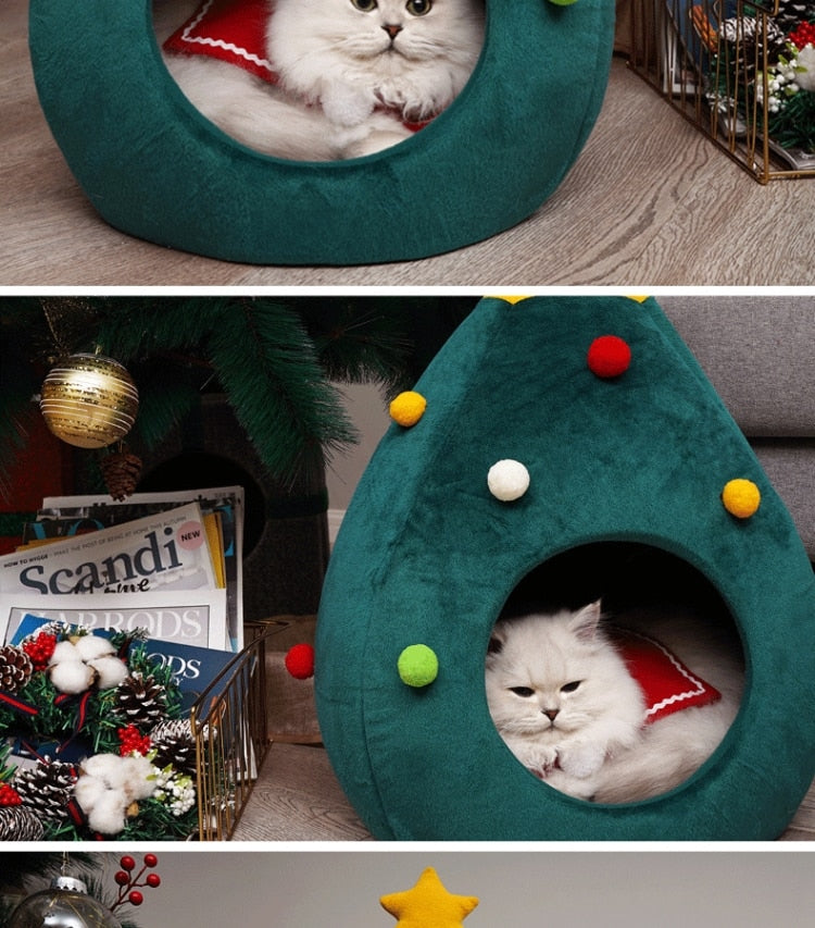 Katzenbett Weihnachtsbaum: Weiche, formstabile Katzenhöhle als festlicher Tannenbaum; ideal für Winter & Weihnachten.