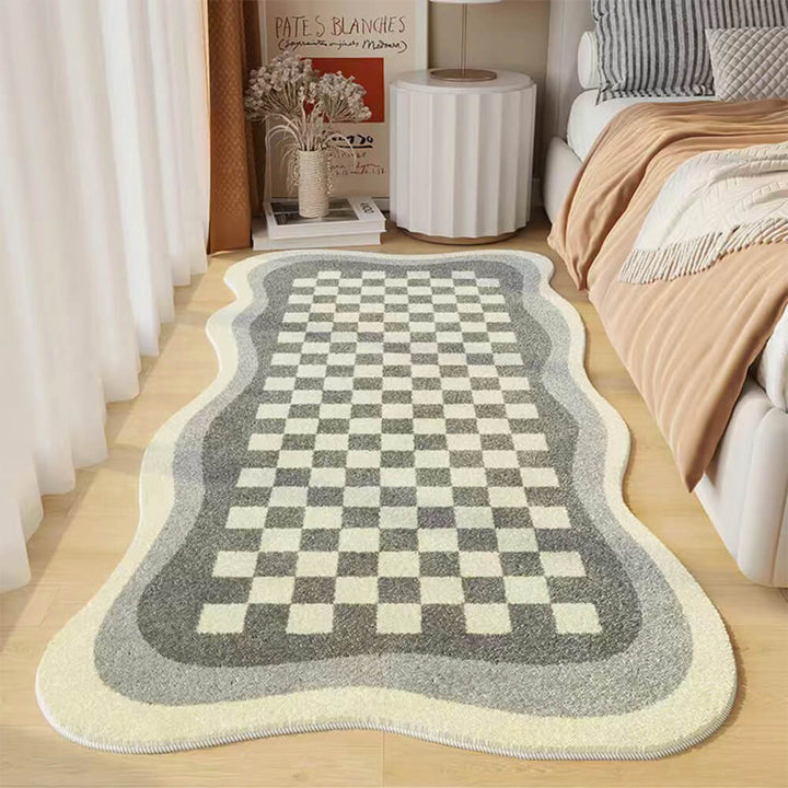 Weicher Faux Cashmere Polyesterteppich, unregelmäßiges Schachbrettmuster, gemütlicher Bodenbelag für Schlaf- oder Wohnzimmer.