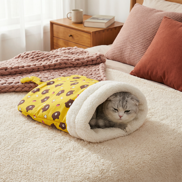 Gemütlicher Katzen Schlafsack Kuschelbett aus weichem Plüsch für Katzen. Ideal zum Entspannen.