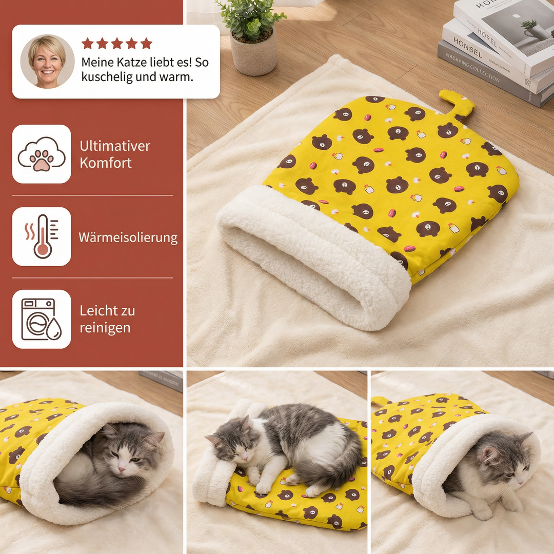 Blauer Plüsch Katzen Schlafsack, waschbar und kuschelig, perfekt als Katzenbett oder Kuschelhöhle.