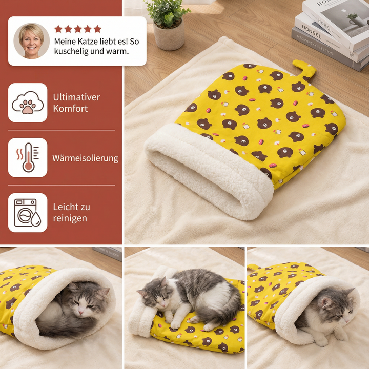 Blauer Plüsch Katzen Schlafsack, waschbar und kuschelig, perfekt als Katzenbett oder Kuschelhöhle.