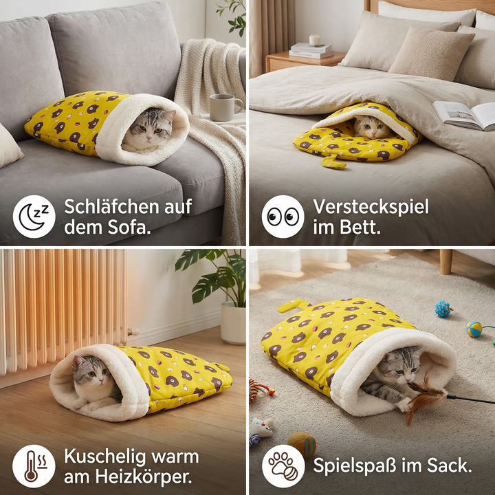 Gelbes Katzen Kuschelbett Schlafsack, besonders weich und gemütlich, ein sicheres Haustierbett.