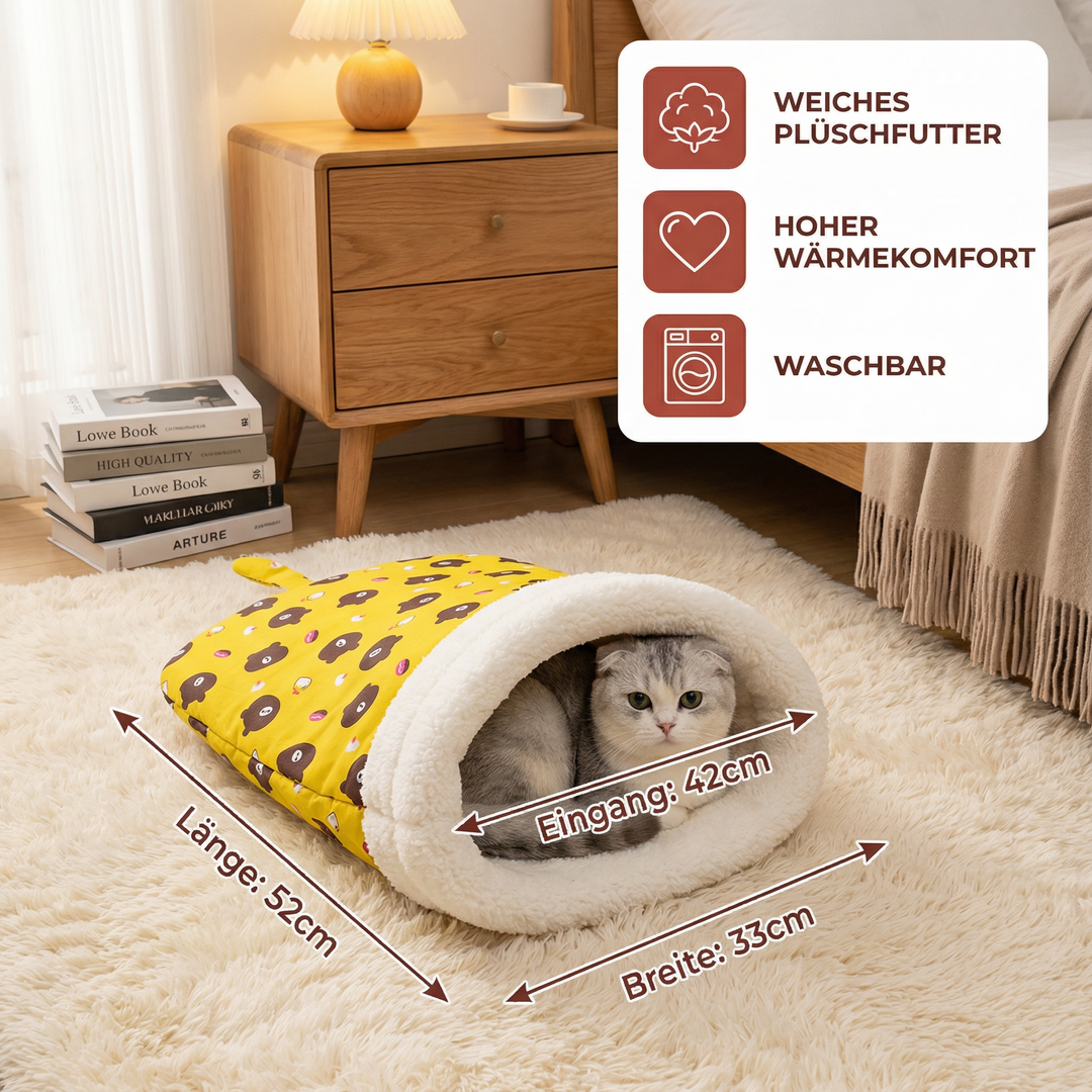 Weicher Plüsch Katzenbett Schlafsack, ideal als Kuschelhöhle für entspannte Katzen und Kätzchen.