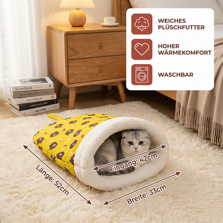 Weicher Plüsch Katzenbett Schlafsack, ideal als Kuschelhöhle für entspannte Katzen und Kätzchen.