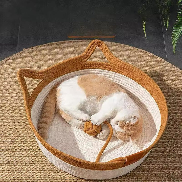 Gemütliches Baumwollseil-Katzenbett, handgewebt. Idealer Kuschelplatz für Katzen & Haustiere.