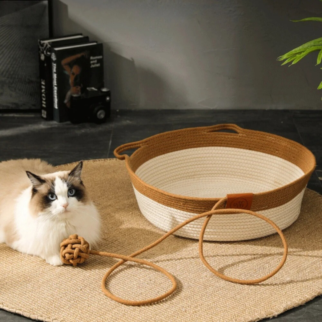 Stilvolles Katzenbett aus Baumwollseil, handgewebt. Bequemer Schlafplatz & Haustierbett für Katzen.