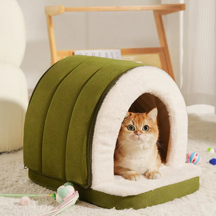 Weiches 2-in-1 Plüsch-Haustierbett als Höhle oder offenes Kissen für Hund & Katze.
