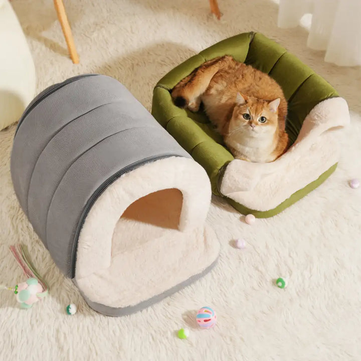 Flauschiges Plüschbett, ein gemütliches Höhlenbett für kleine Hunde und Katzen.