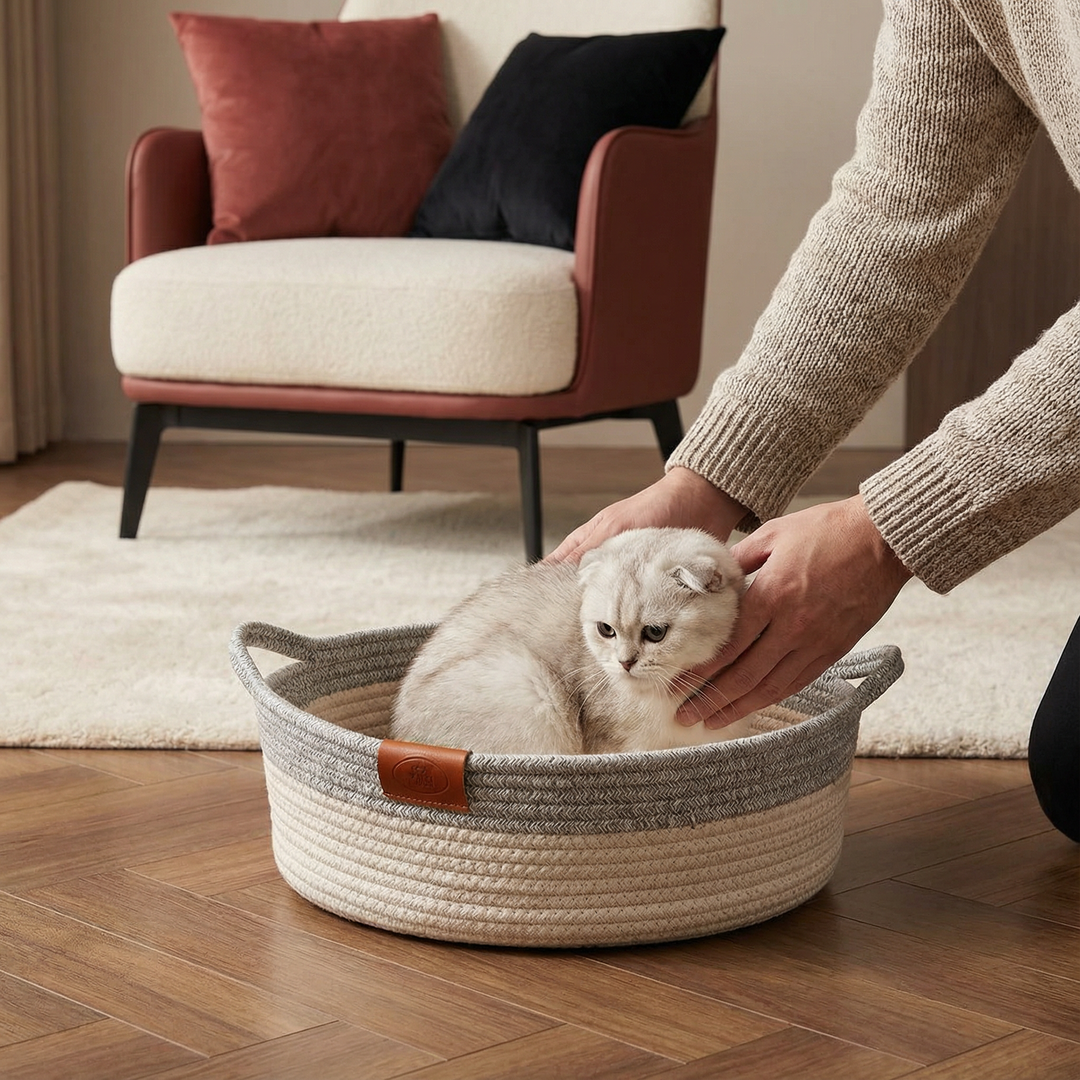 Gemütliches, handgewebtes Baumwollseil-Katzenbett in Grau, idealer Ruheplatz für entspannte Katzen.