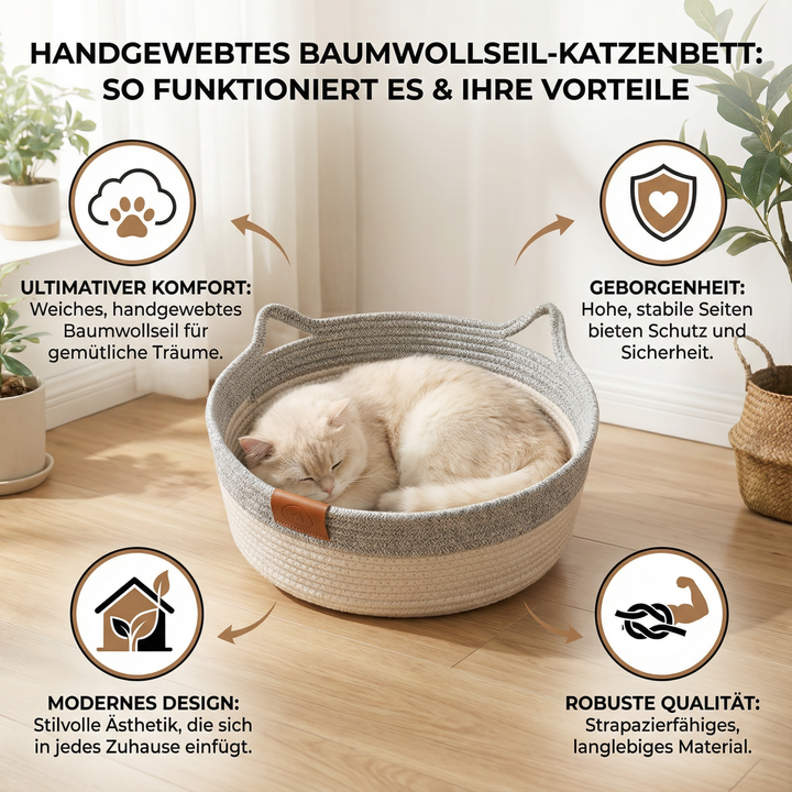 Weiches Kuschelbett aus nachhaltigem Baumwollseil, handgewebt, perfektes Haustierbett für Katzen.