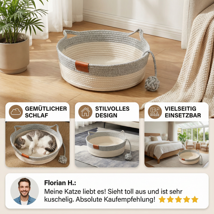 Modernes, handgewebtes Katzenbett aus grauem Baumwollseil, komfortables Design für jedes Zuhause.