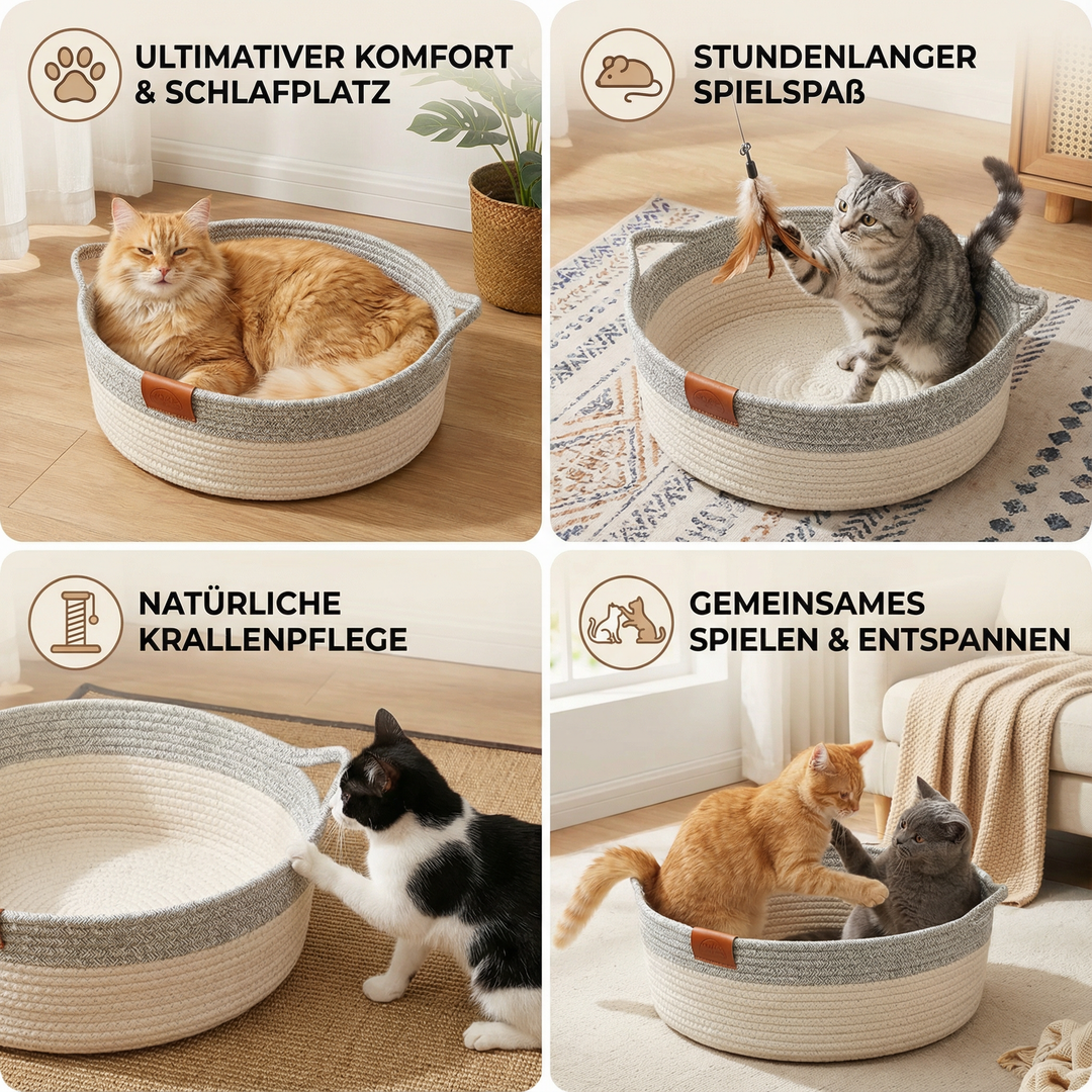 Khakifarbenes Baumwollseil-Katzenbett, handgewebt, gemütlicher Rückzugsort und nachhaltiges Katzenzubehör.