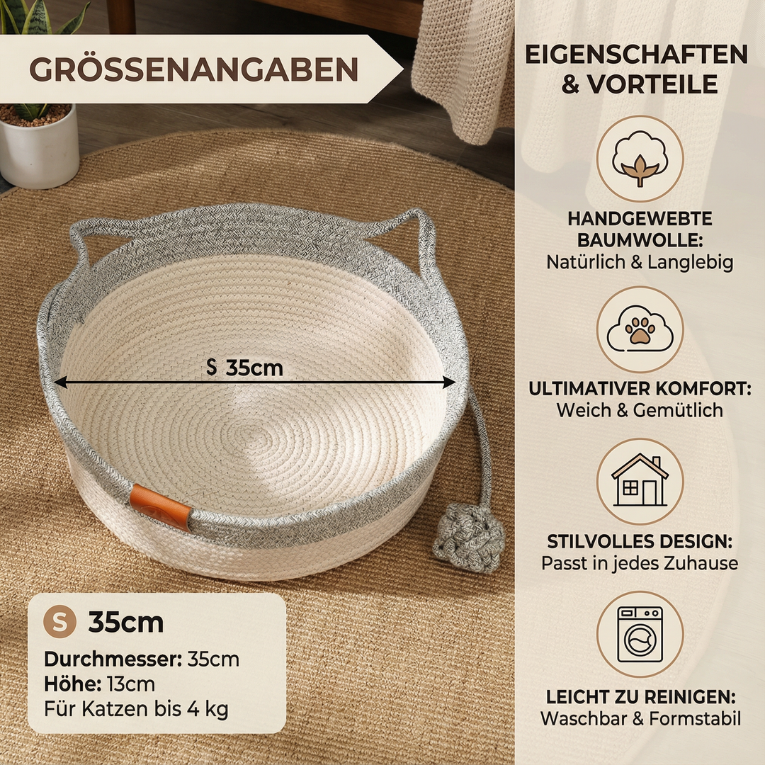 Grünes, nachhaltiges Katzenbett aus handgewebtem Baumwollseil, langlebiges und bequemes Designbett für Tiere.