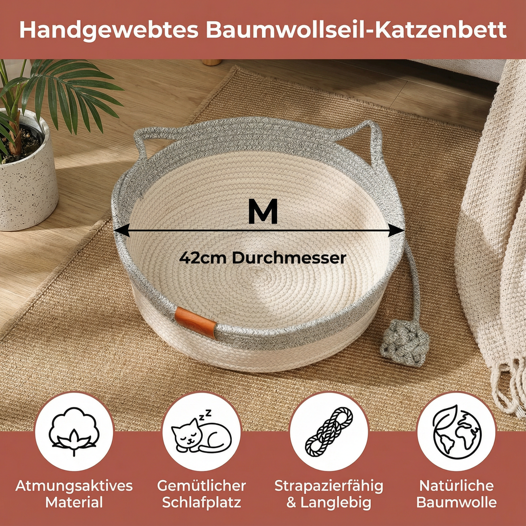 Detailansicht: Robustes, handgewebtes Baumwollseil-Katzenbett, hochwertiges Material für langanhaltenden Komfort.