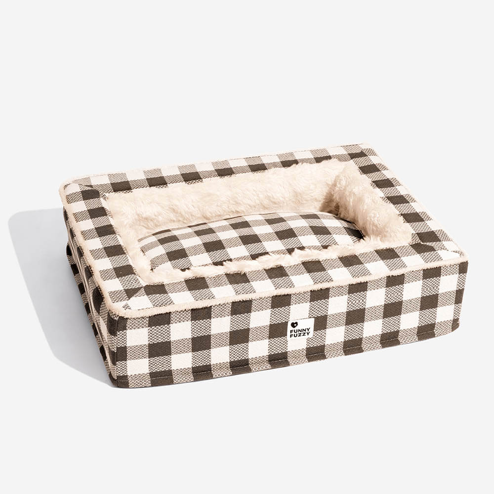 Detail des Schottenmuster-Stoffs auf dem komfortablen, ergonomischen und gemütlichen Hundebett.