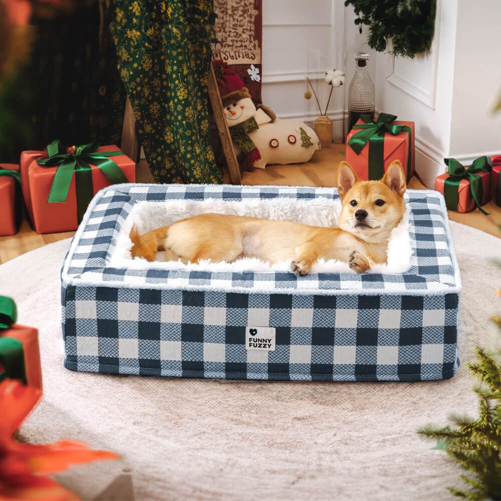 Schottenmuster Hundebett mit erhöhten Rändern, ideal für Hunde, die gerne ihren Kopf ablegen.