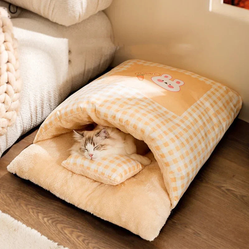 Waschbares Katzenbett als Schlafsack, gemütliche Plüsch-Katzenhöhle für Haustiere.