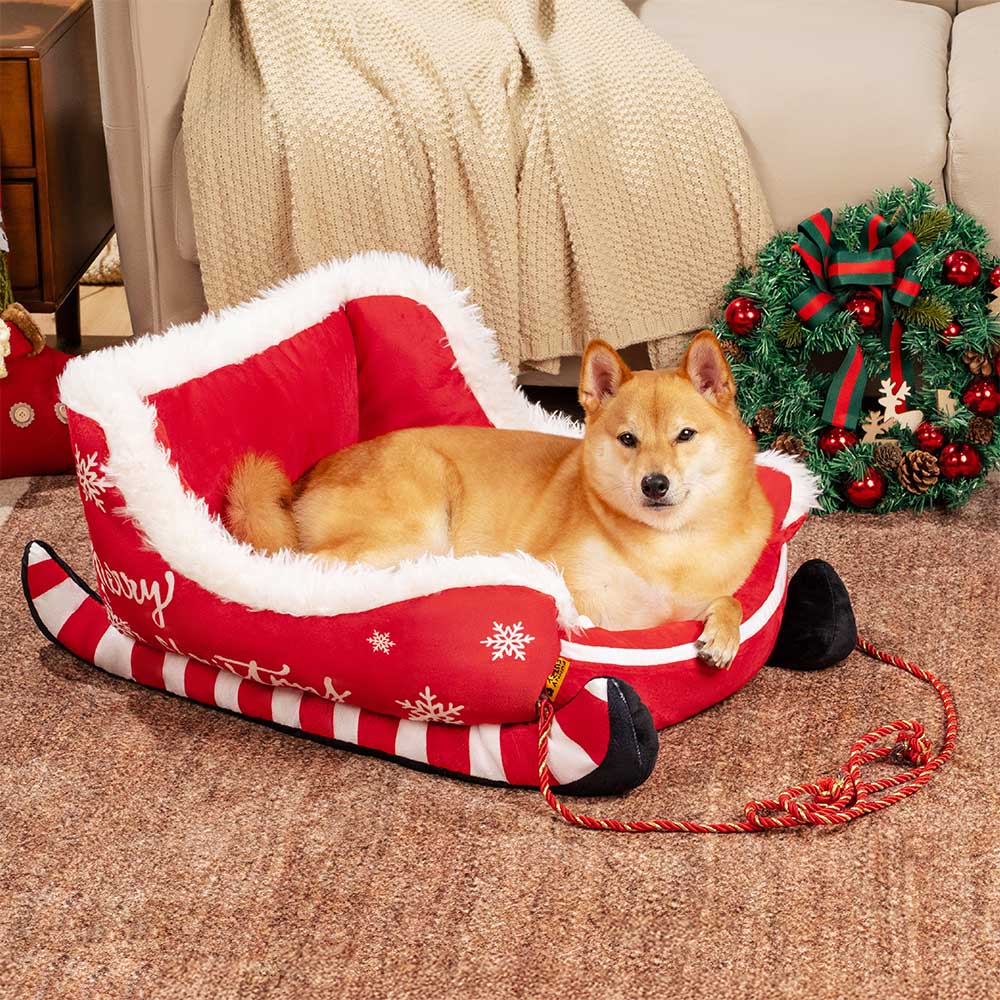 Gemütliches Plüsch-Hundebett im Weihnachtsschlitten-Design. Perfekt für festliche Entspannung.