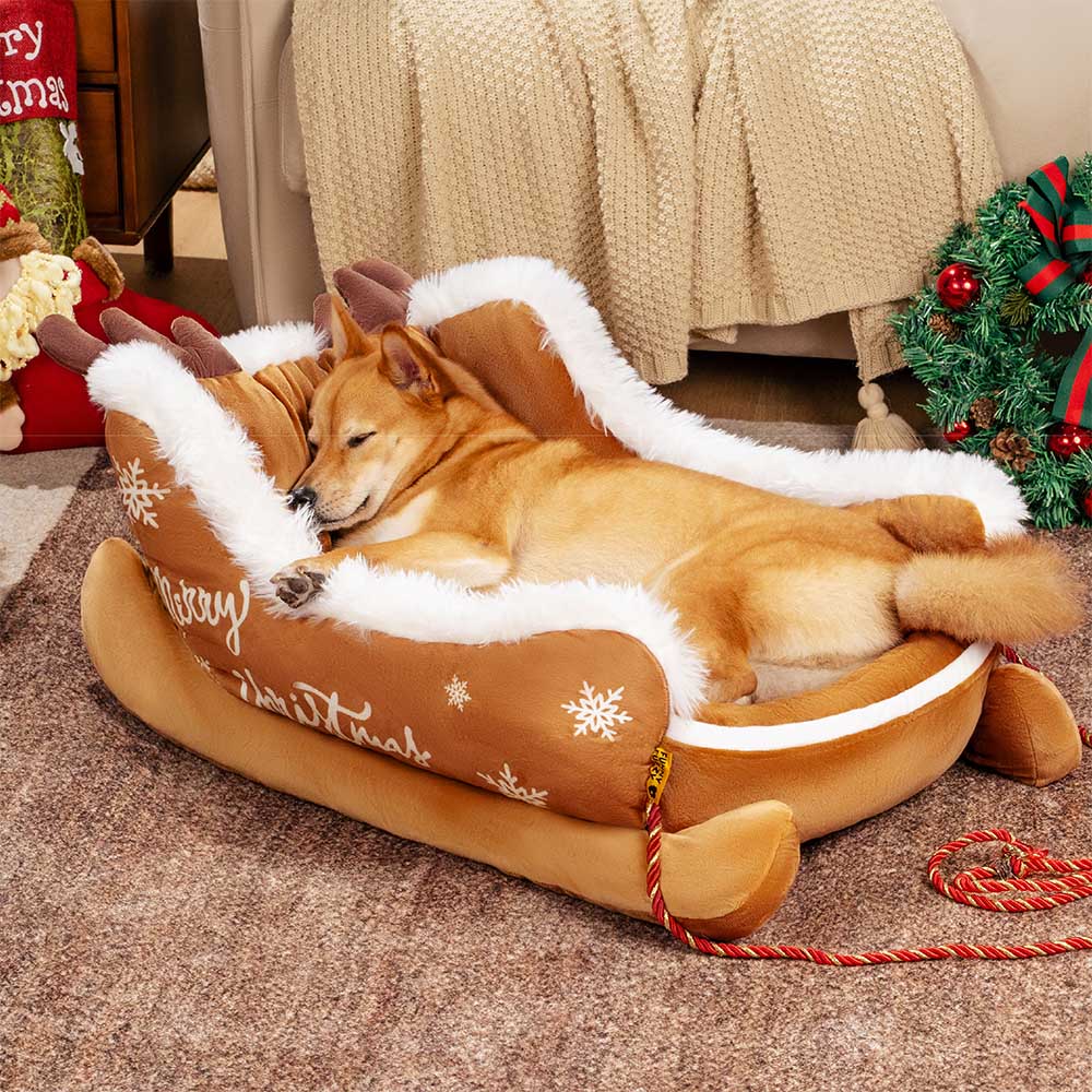 Festliches Plüsch-Hundebett im Weihnachtsschlitten-Look. Ein gemütliches Geschenk für Ihr Haustier.