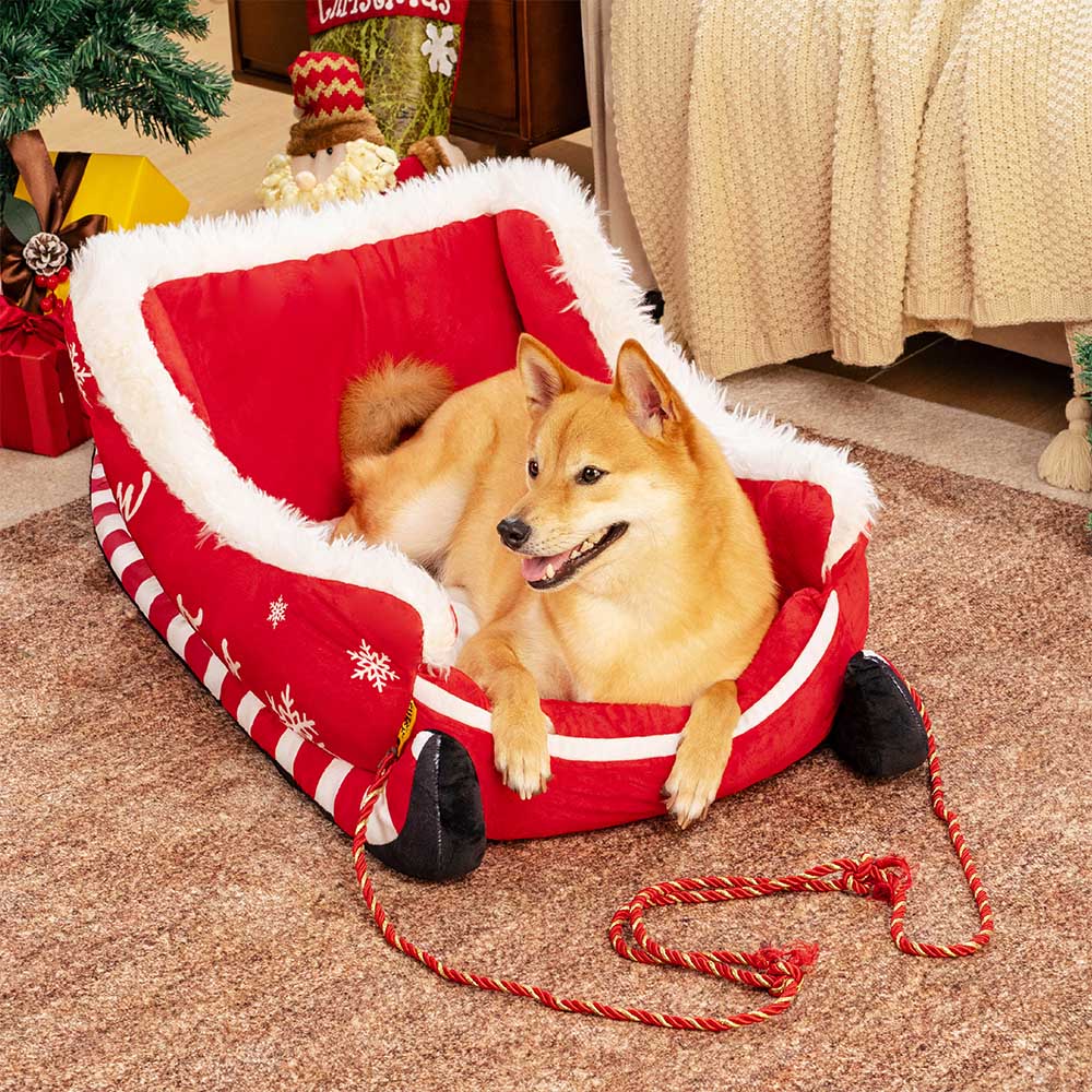 Weiches Plüsch-Hundebett, kuschelig warm im Winter. Ideales Haustierbett in Schlittenform.