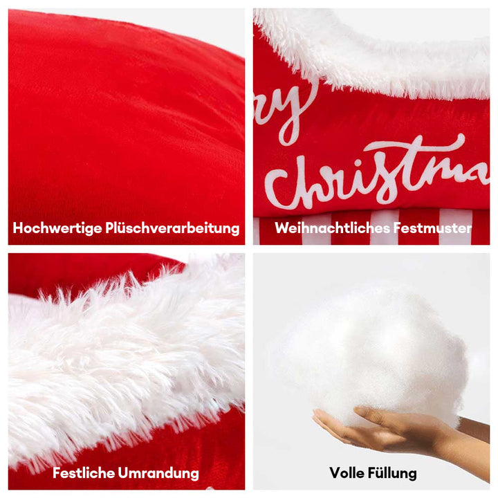 Weihnachtliches Plüschbett für Hunde und Katzen. Gemütlicher Schlitten für süße Träume.