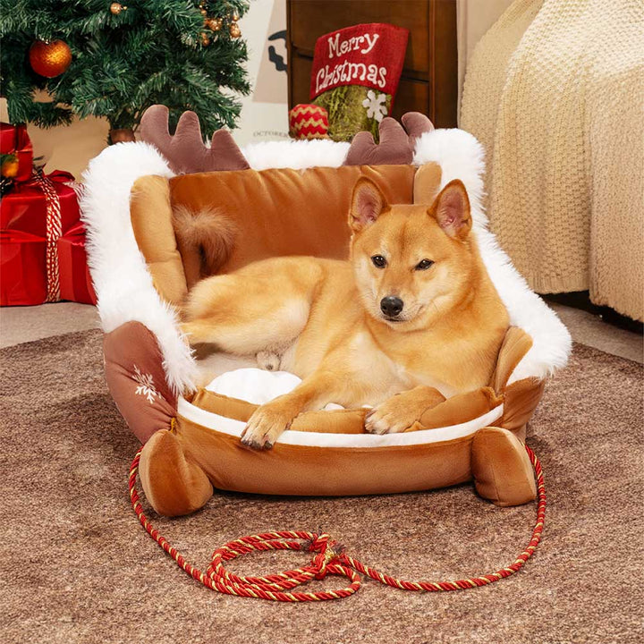 Gemütliches Schlitten-Plüschbett für Hunde. Weihnachtliches Design, weich und warm für Ihr Haustier.