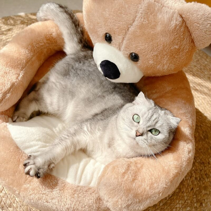 Khaki Kuschelbett, verstellbar für Haustiere. Ein weicher, gemütlicher Schlafplatz für Hunde und Katzen.