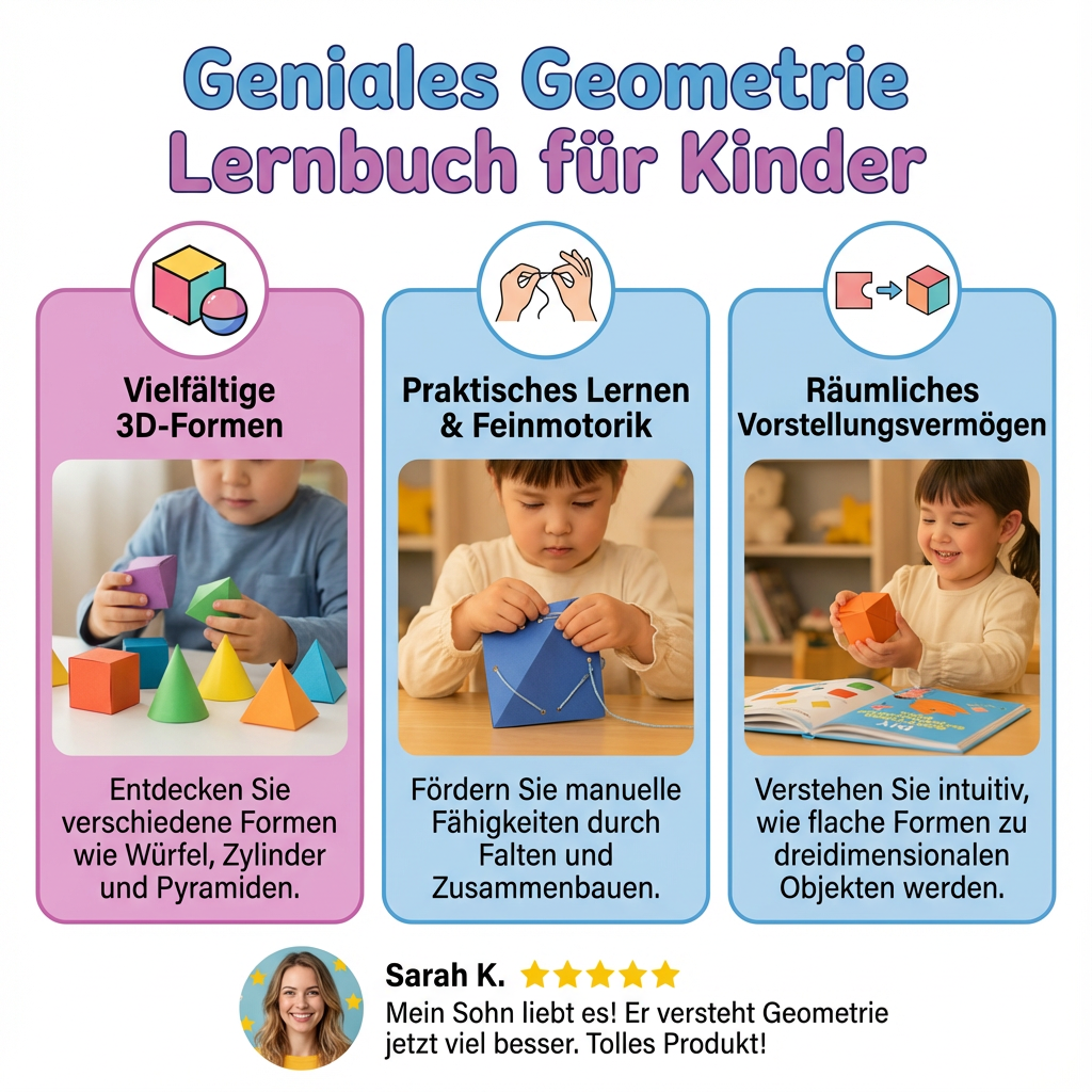Illustriertes Geometrie Lernbuch, zeigt Kinder beim Entdecken bunter Formen. Mathematik spielend lernen.