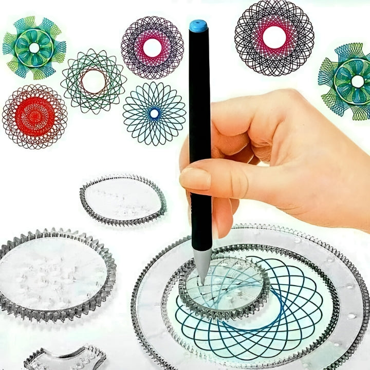 Person zeichnet präzise Spiralen & geometrische Muster mit dem GeoWhirl Kreativset für entspannende Kunst.