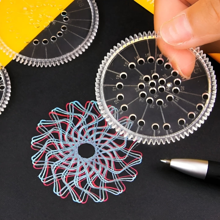 Nahaufnahme eines detailreichen, farbigen Mandalas, erstellt mit dem GeoWhirl Kreativset. Perfekt für Kunst & Hobby.