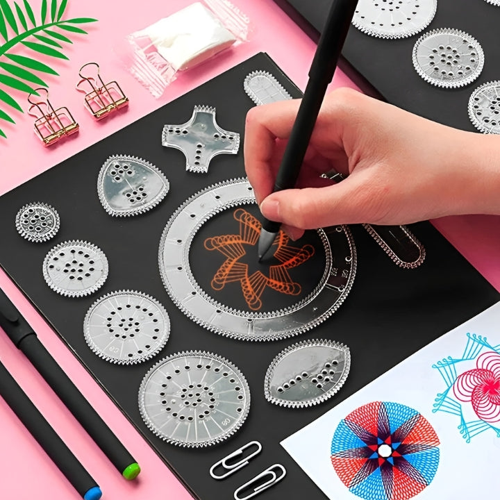 GeoWhirl Kreativset mit Linealen, Stiften & Anleitungen zum Zeichnen einzigartiger geometrischer Spiralmuster.