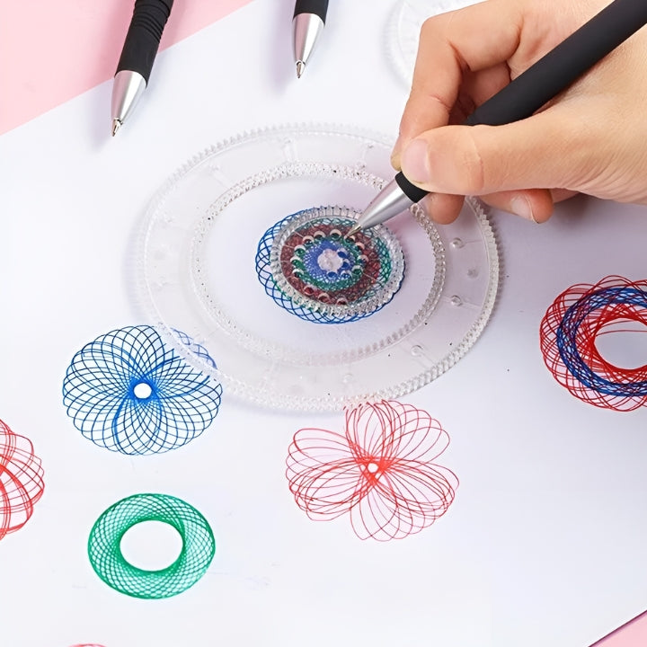 Vielfalt an geometrischen Spiralen & Mandalas, erstellt mit dem GeoWhirl Kreativset für Kunst, Zeichnen & Hobby.