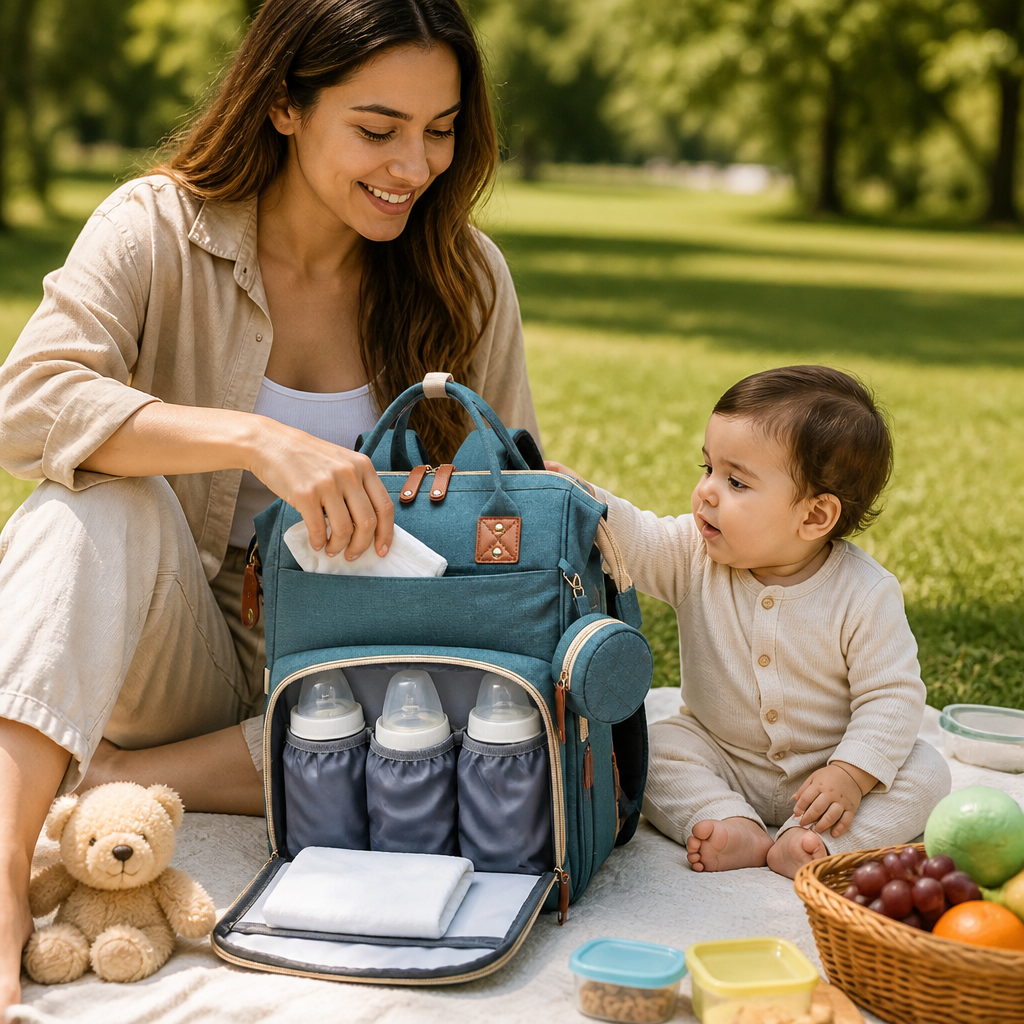 Geräumiger 3-in-1 Wickelrucksack mit integriertem faltbaren Babybett für Reisen.