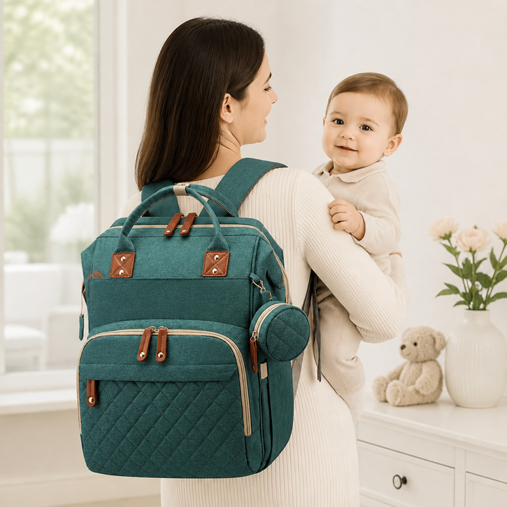 Komfortabler Wickelrucksack & Babybett in einem, ideal für Eltern, die viel reisen.