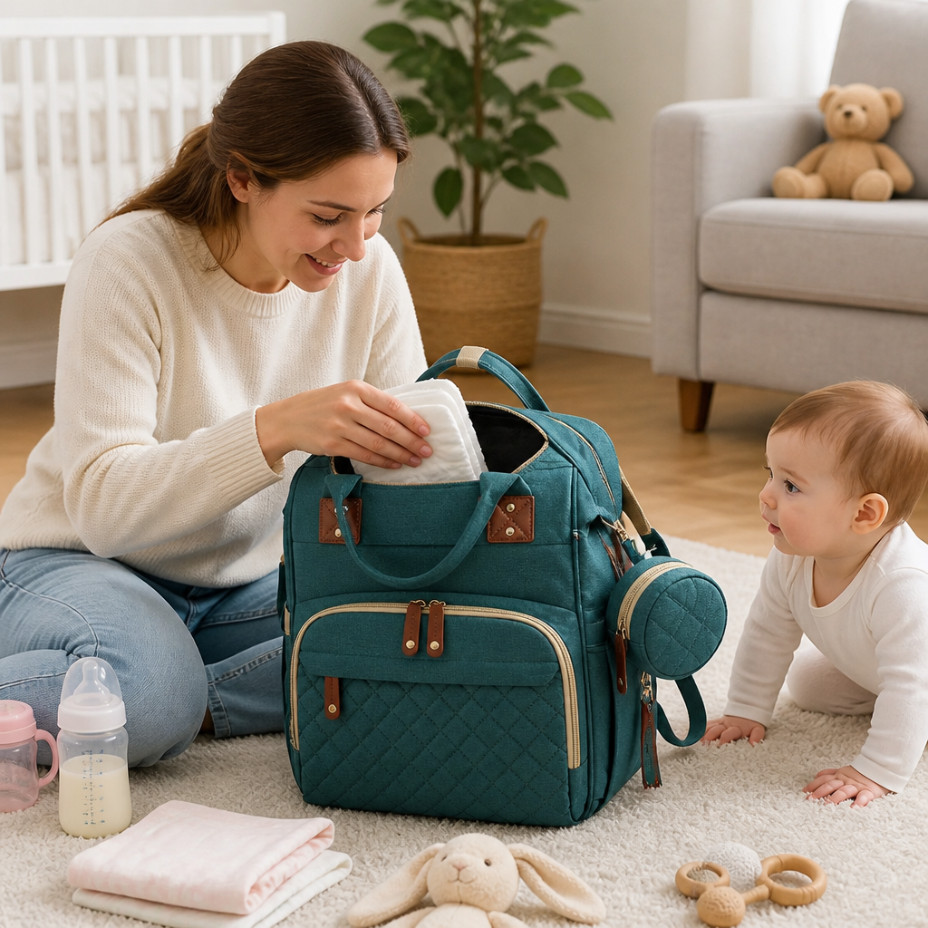 Multifunktionaler Reiserucksack für Babys & Eltern, kombinierbar mit portablem Reisebett.