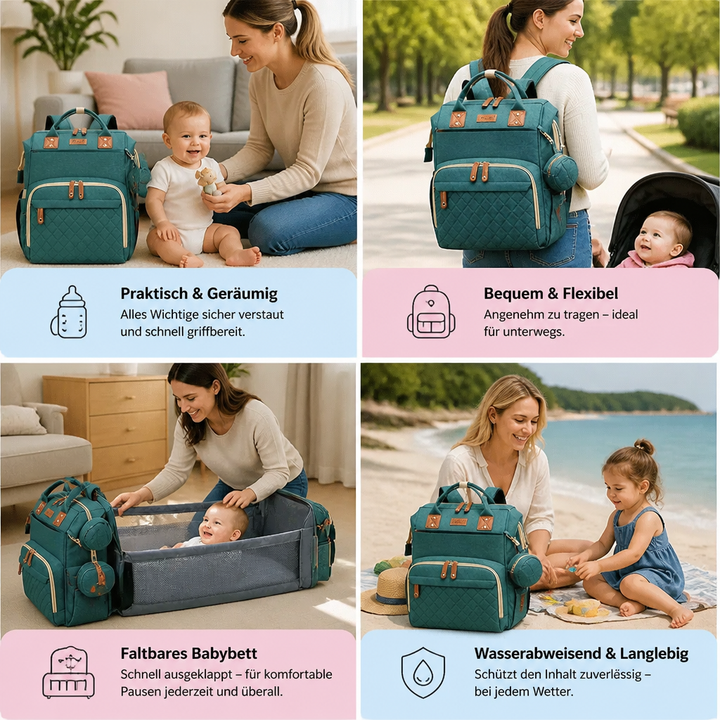 Praktischer Windelrucksack mit ausklappbarem Babybett; perfekt für unterwegs mit Baby.