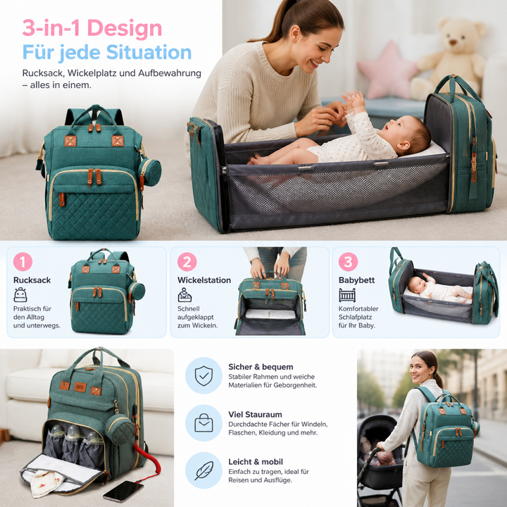 Faltbares Babybett im Wickelrucksack, ideal als Babyausstattung für Reisen & Ausflüge.