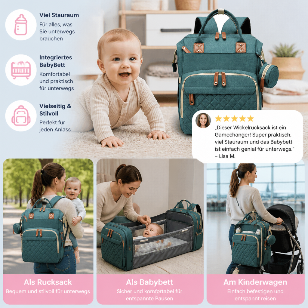 Moderner Wickelrucksack mit extra Fächern und integriertem Reisebett für Babys Schlaf.