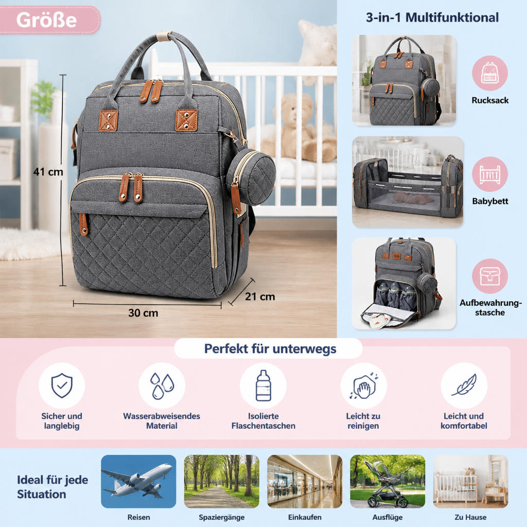 Stilvoller 3-in-1 Rucksack als Windeltasche & Babybett, unverzichtbar für junge Eltern.
