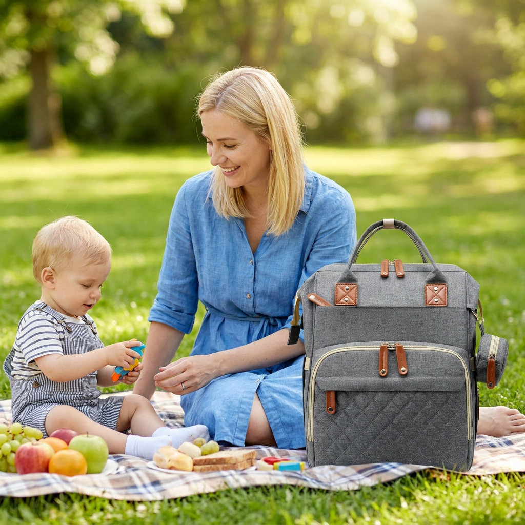 Mobiler Wickelplatz & Schlafgelegenheit: Faltbarer Reise-Wickelrucksack mit Babybettfunktion.