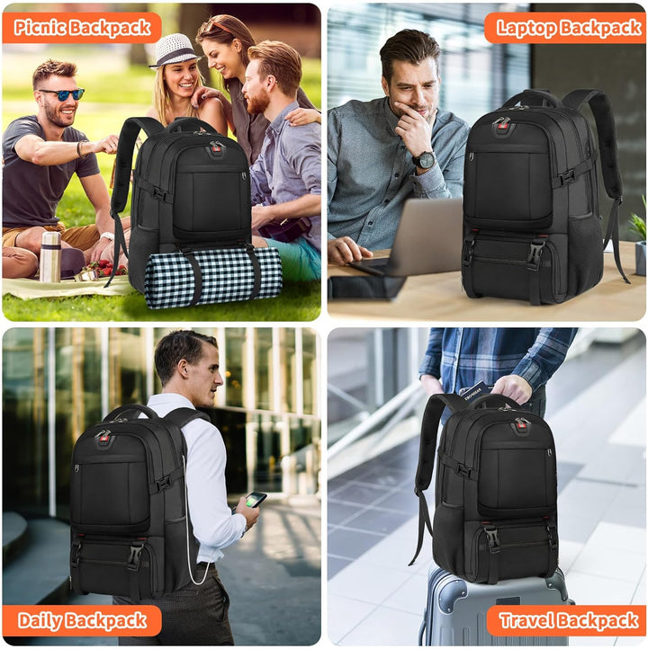 Detailansicht des integrierten USB-Ladeanschlusses am Reiserucksack für bequemes Laden von Mobilgeräten.