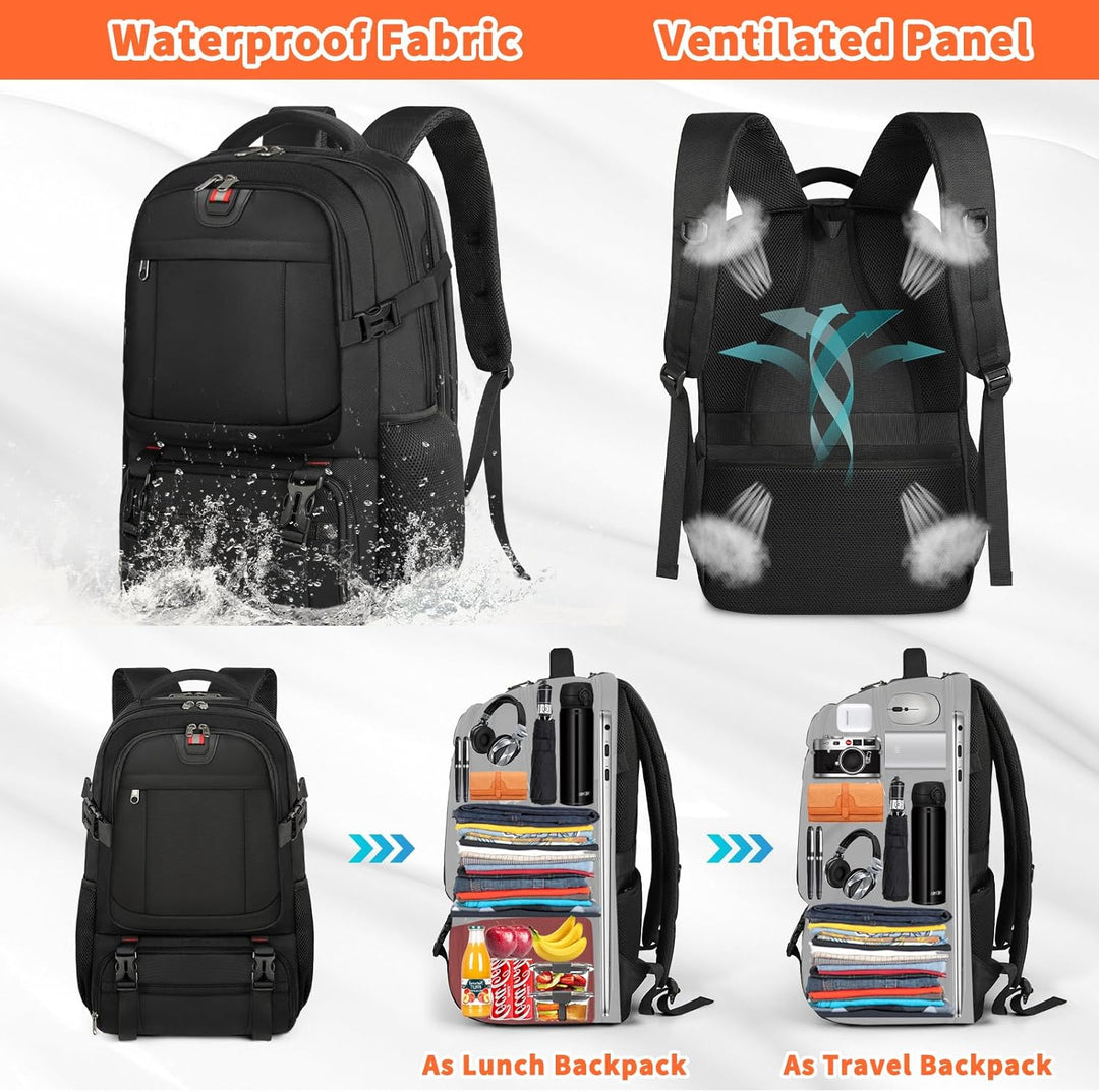 Person trägt Unisex Reiserucksack mit Laptop- und Lunchfach; ideal für tägliches Pendeln, Reisen oder Schule.