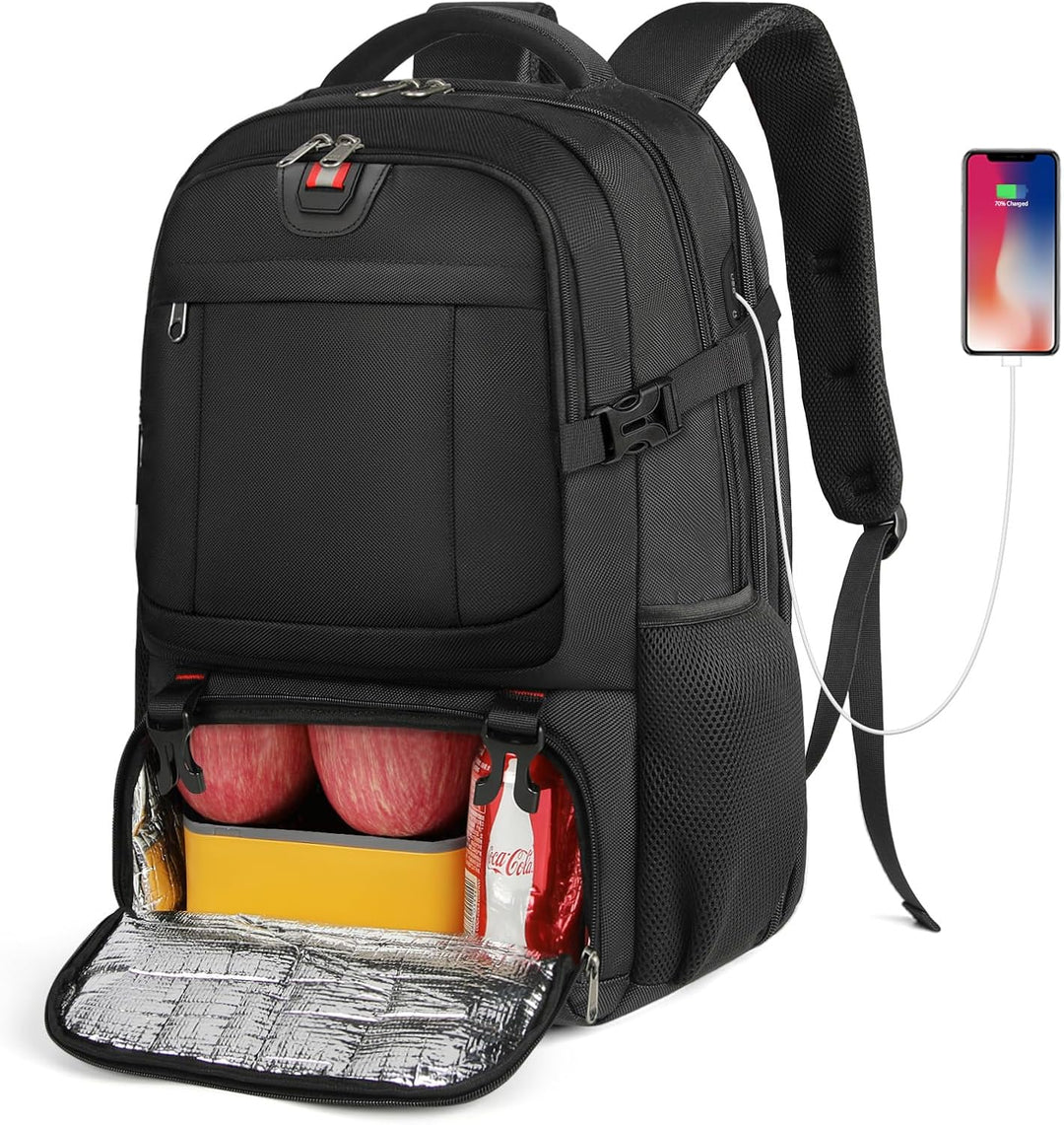 Innenansicht des vielseitigen Rucksacks mit mehreren Organisationsfächern für Laptop, Lunch & Zubehör.