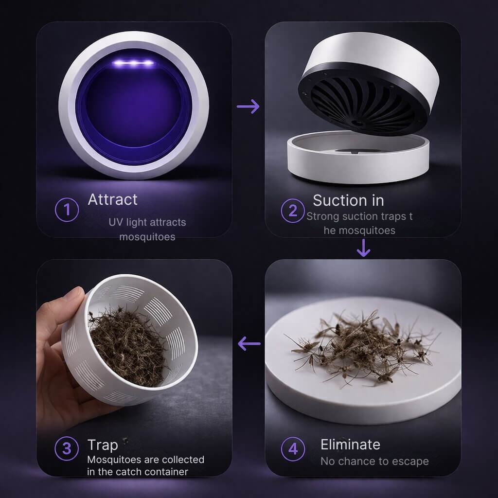 Elegante, geräuscharme UV Insektenfalle. Chemiefrei für mückenfreies Schlafzimmer & Wohnbereich.