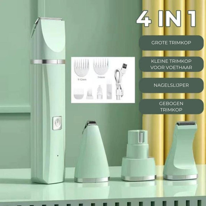 Geräuscharmer 4-in-1 Haustier-Trimmer TrimMaster Pro für sanfte Fell- & Krallenpflege bei Hunden & Katzen.