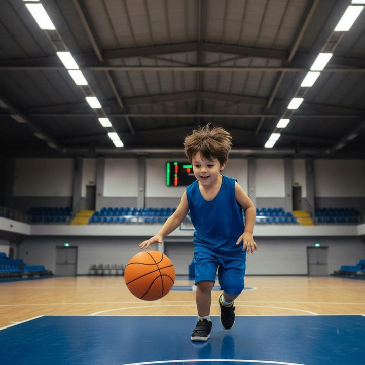 Indoor-Trainingsbasketball, geräuscharm und weich. Optimal für stilles Dribbeln und Üben im Wohnzimmerbereich.