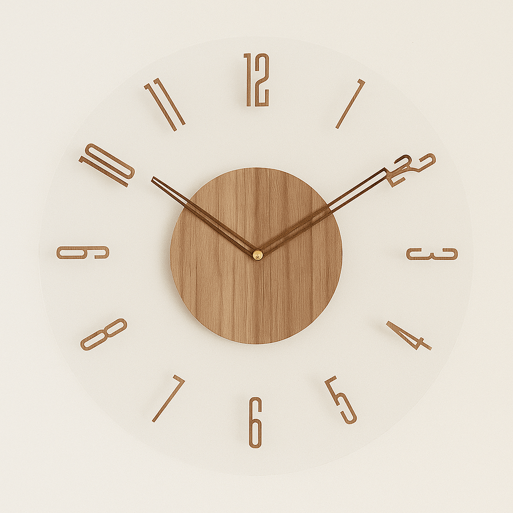 Moderne Holz-Wanduhr, geräuschlos & zeitlos, im skandinavischen Stil. Perfekte, stille Ergänzung für jedes Zimmer.