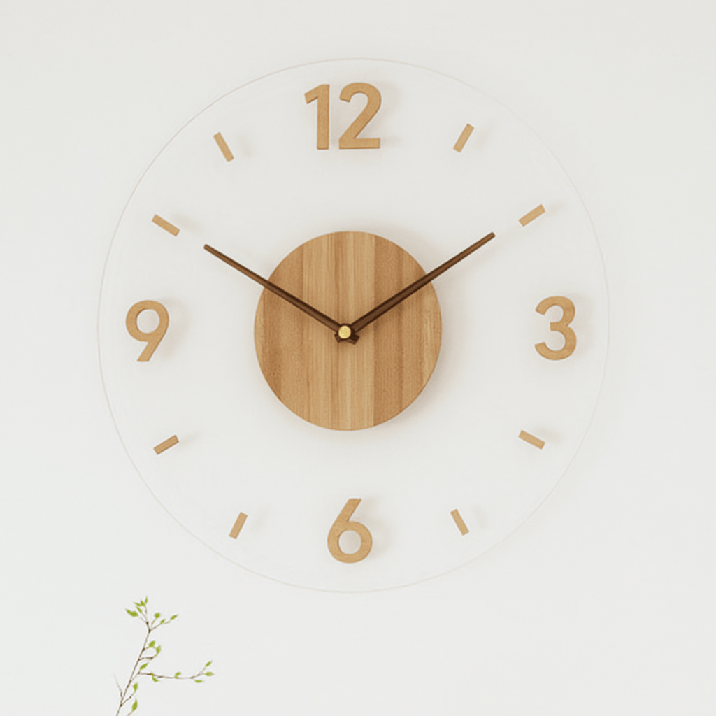 Minimalistische Holz-Wanduhr mit geräuschlosem Uhrwerk. Modernes Design und hochwertige Holzdeko für eine ruhige Atmosphäre.