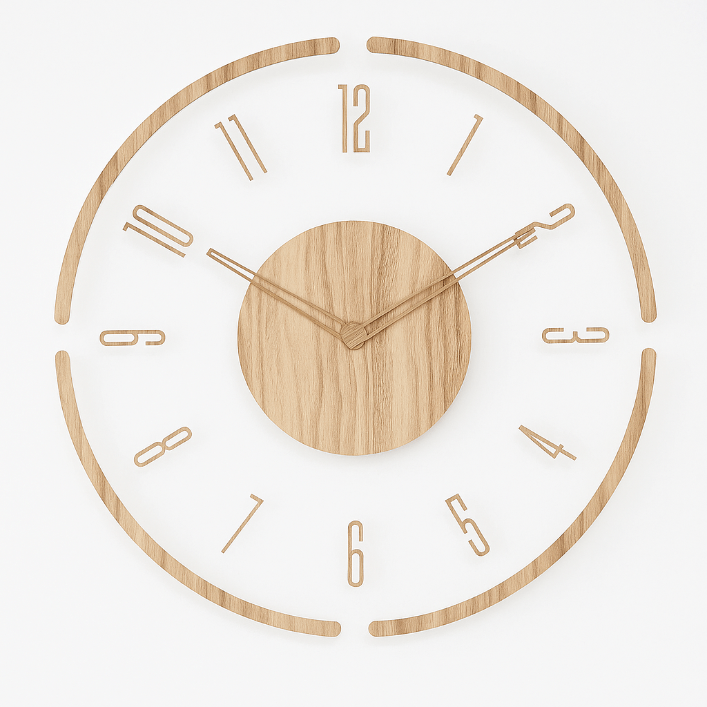 Edle, geräuschlose Wanduhr aus Holz mit klarem, modernem Design. Ideal für eine ruhige, skandinavisch inspirierte Einrichtung.