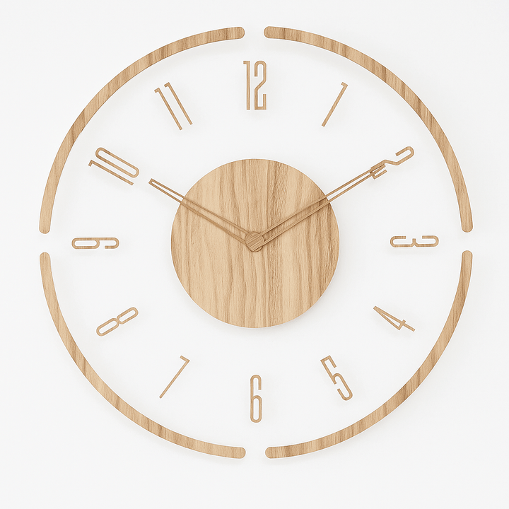 Edle, geräuschlose Wanduhr aus Holz mit klarem, modernem Design. Ideal für eine ruhige, skandinavisch inspirierte Einrichtung.